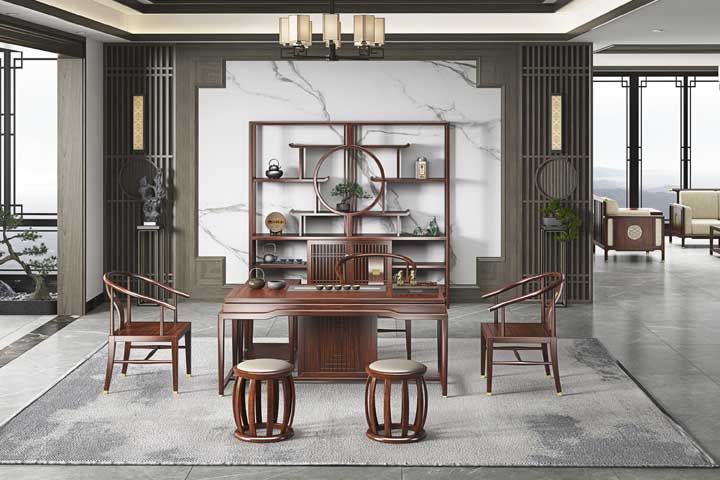 新中式實(shí)木茶臺，實(shí)木博古架一米六茶桌